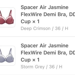 (2) NWOT Spacer Air Jasmine FlexWire Demi Bras, 36H - Storm Grey & Deep Crimson